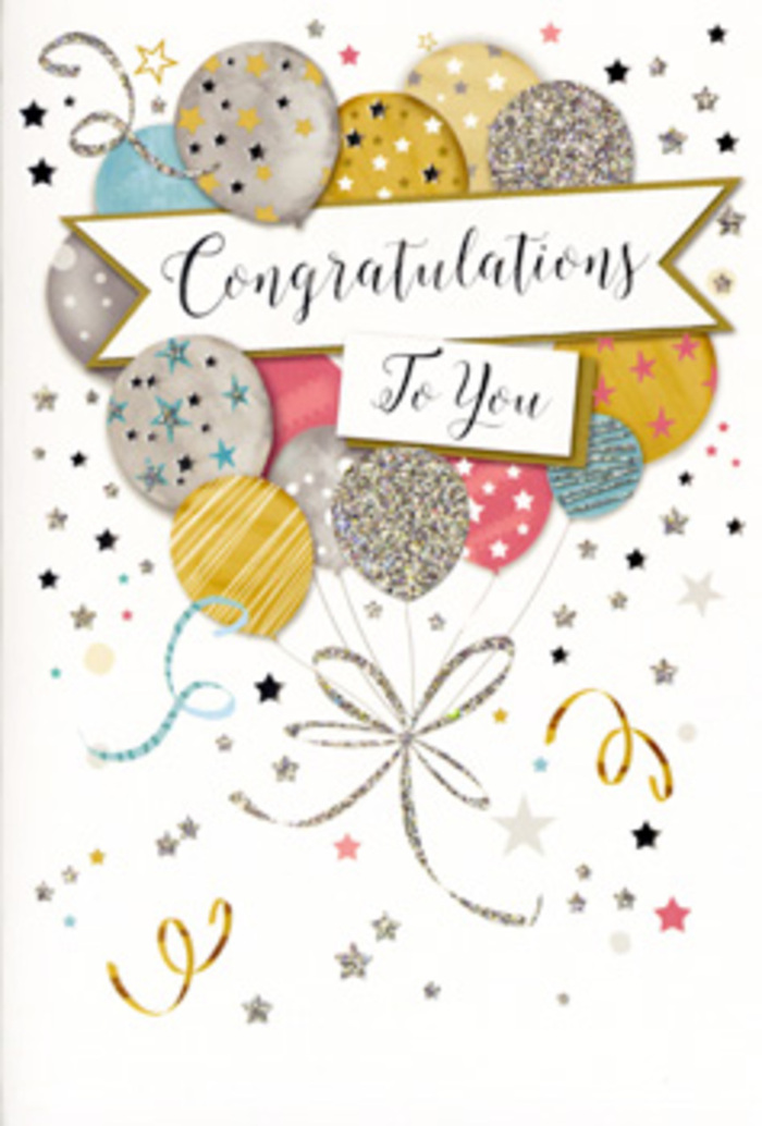 The image shows an elegant congratulations card illustrated with a bouquet of celebratory balloons, composed almost like a floral arrangement in the hands of a skilled Basildon florist. A collection of rounded balloons fills the upper portion of the design, each one subtly overlapping the next to create depth, rather like layers of petals. They glow in complementary shades of warm gold, polished silver, champagne cream, soft sky blue, blush pink, and gentle grey, all carefully balanced to avoid any harsh contrast. Some balloons are embellished with tiny star motifs, scattered as if someone has softly blown glitter across them; others feature slim, vertical stripes or delicate speckles of metallic ink, giving the impression of different textures-smooth foil, satin, and lightly dusted shimmer. Thin ribbons stream down from the balloon cluster, illustrated as fine, curling threads of gold and silver that twist into loose spirals, converging around an ornate knot. Around the arrangement, the off-white background is animated with small metallic stars, flecks of confetti, and swirling lines, suggesting movement and the echo of a party in full swing, perhaps reminiscent of a family celebration in a Basildon home after a graduation ceremony or big promotion. A wide banner sweeps across the heart of the balloons, edged with a slim border and displaying a poised, cursive message of congratulations in rich, inky lettering. The overall ambiance is refined celebration-festive yet sophisticated-ideal to match with a bouquet of fresh flowers delivered across Basildon to commemorate milestones such as exam successes, new beginnings, or long-awaited achievements that call for heartfelt recognition.