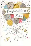 In this congratulations card design, a cluster of beautifully illustrated balloons floats at the centre, giving the feeling of a personal celebration captured on smooth, high-quality card stock. The balloons gather in a relaxed bouquet, each overlapping the next in a way that feels natural, like a hand-tied arrangement. They appear in a harmonious palette of metallic gold, brushed silver, champagne, soft sky blue, blush pink, and misty grey. Some are decorated with miniature star patterns that sparkle like evening lights over Basildon's Festival Leisure Park, while others are detailed with slim stripes or scattered, shimmering flecks, hinting at different finishes from glossy foil to softly textured shimmer. Slender ribbons trail from the base of the balloons, rendered in looping, calligraphic lines of gold and silver that curl downward and almost seem to sway. Around them, small starbursts, confetti dots, and whimsical ribbon curls float against a calm, pale background, evoking the feeling of confetti slowly settling after cheers have faded. Cutting gently through the centre is a graceful banner, slightly arched as it stretches across the balloons, framed with a fine border and carrying a refined Congratulations To You message in elegant, flowing script. The handwriting style feels warm and sincere, as if written by someone truly proud of the recipient's achievement-perhaps a new job in Basildon town centre, exam results celebrated with family, or a milestone birthday. The image radiates lightness, joy, and admiration, the sort of design that pairs perfectly with a thoughtfully chosen bouquet arriving at a Basildon doorstep to mark a moment worth remembering.