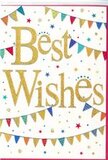 This Best Wishes card captures the atmosphere of a small celebration you might stumble upon in a Basildon cul-de-sac on a sunny afternoon: relaxed, cheerful, and full of colour. Across the centre, the greeting is written in generous golden script, its curves thick and flowing, as if painted by hand with metallic ink. The letters glimmer softly against the pure white card, suggesting a glitter or foil finish that invites both the eye and touch. Framing the message, festive strings of bunting drift in gentle arcs from left to right, each line of tiny flags like a ribbon of colour weaving across the page. The pennants themselves are bright and varied-ruby, teal, sunshine yellow, berry pink-some patterned with neat stripes, others with dots or tiny geometric motifs, bringing to mind handmade decorations at a local Basildon street party. Dotted throughout the design are small, star-shaped bursts and round confetti specks, echoing the bunting's palette and lending the sense that the celebration is still ongoing, even though the scene is perfectly still. The card feels inclusive and joyful without being overpowering, ideal for pairing with a vibrant bouquet delivered to a new office near Basildon town centre, a first home in Laindon, or a graduation party in Pitsea. Textures appear crisp and refined, from the smooth white card to the slight relief of the gold lettering, creating a polished yet playful finish. It is a versatile design, ready to accompany flowers, chocolates, or a simple note of encouragement whenever someone you care about deserves to feel recognised and celebrated.